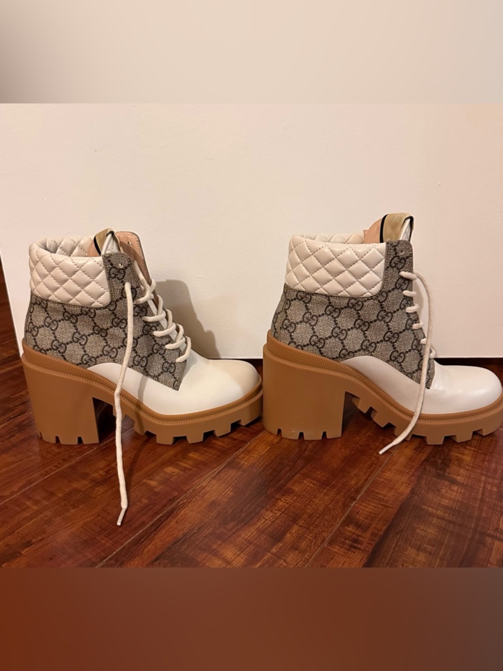 Gucci White Leather & Brown GG Canvas Quilted Lace-Up Heeled Boot - Picture 3 of 7
